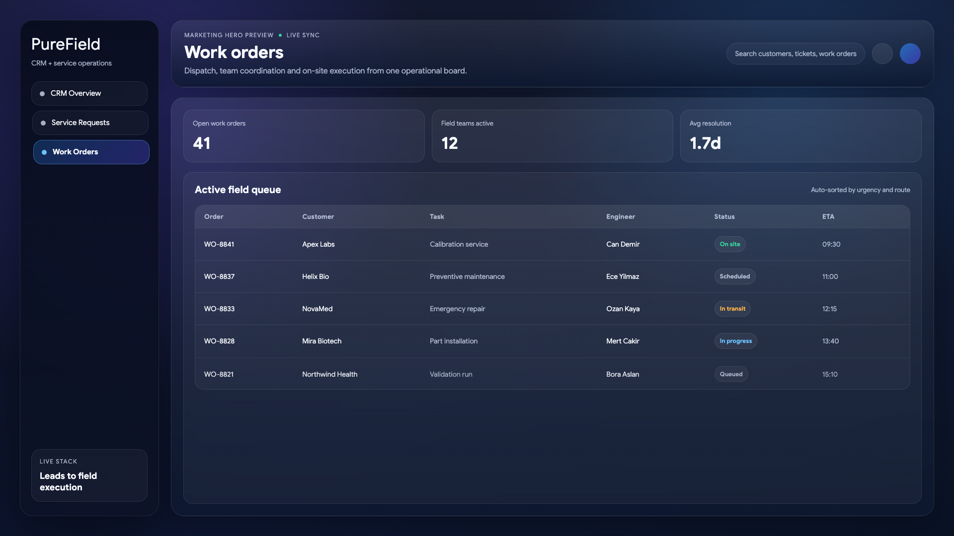 PureField work orders view